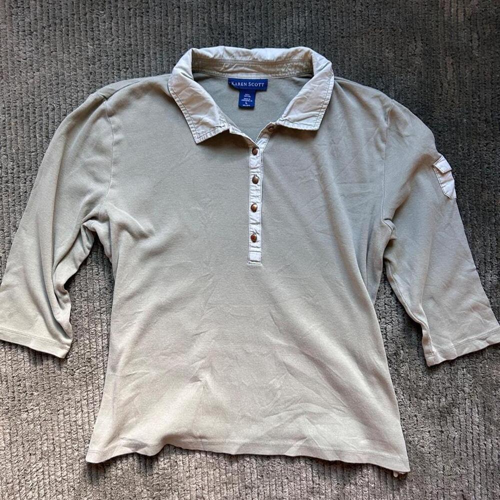 Y2K Karen Scott Sage Green Cotton Polo Shirt Collared Henley Utility Pocket - L